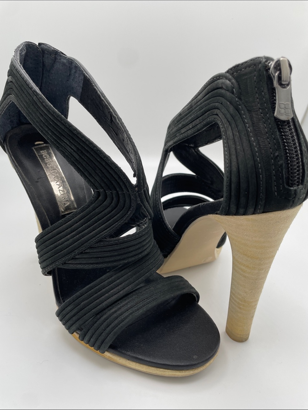 BCBGMaxAzria Black Strappy High Heel Sandals with Natural Heel
